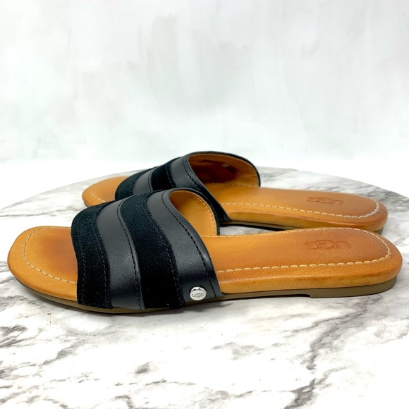 UGG Ximema Black Leather Open Toe Slide Sandals 5.5 Bohemian Boho Casual Summer - Picture 3 of 15
